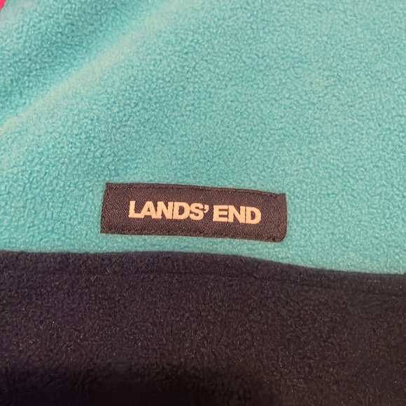 Land's End Snap Neck Pullover Heritage Fleece. Teal/turquoise and Navy Blue - Picture 3 of 8